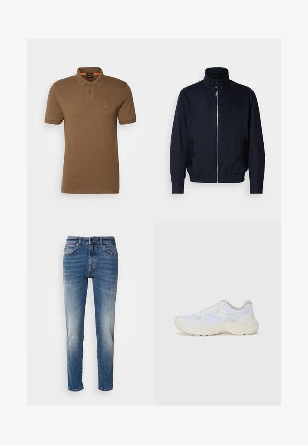 Tamsiai mėlyna striukė su aukšta apykakle, priekine užtrauktuku, šoninėmis kišenėmis ir gipiūriniais rankogaliais. Lygus paviršius su subtiliu logotipu ant krūtinės.; BOSS PASSENGER - Polo marškinėliai - open brown; Mėlyni džinsai su tiesiu kirpimu, šviesiu nusidėvėjimu, klasikinė penkių kišenių stiliumi ir užtrauktuku su sagute.; Balti sportiniai bateliai, pagaminti iš tinklinės medžiagos ir zomšos, su tekstūruotu viduriu, tekstūruotais akcentais ir „HUGO“ logotipu šone.