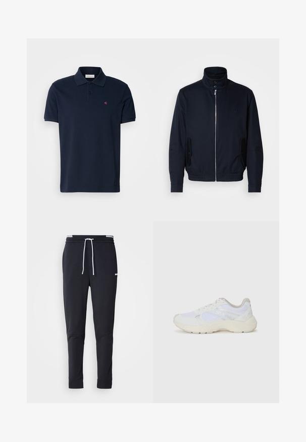 Tengerészkék dzseki magas gallérral, elülső cipzárral, oldalsó zsebekkel és bordázott mandzsettákkal. Sima felület, amelyen diszkrét logórészlet található a mellrészen.; Sötétkék polo póló, pamutból készült, klasszikus gallérral, rövid ujjú, a bal mellrészen egy kis rózsaszín logóval. Sima tapintású.; Fekete, slim-fit rakott nadrág fehér zsinórral, elasztikus derékpánttal, fehér csíkokkal, és kisebb fehér logóval a comb felső részén.; Fehér sportcipők, amelyek hálós és velúr anyagból készültek, texturált középtalppal, texturált részletekkel és a "HUGO" logóval az oldalon.