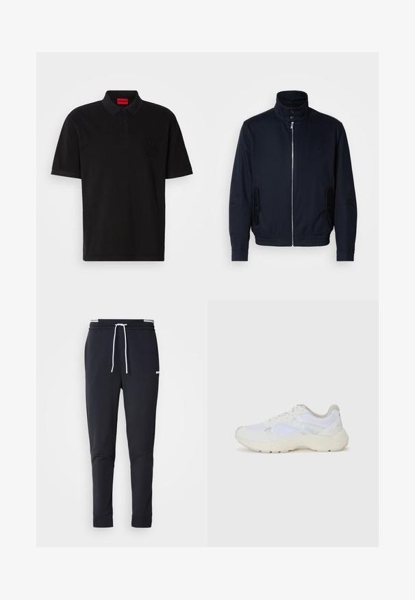 Tamsiai mėlyna striukė su aukšta apykakle, priekine užtrauktuku, šoninėmis kišenėmis ir gipiūriniais rankogaliais. Lygus paviršius su subtiliu logotipu ant krūtinės.; Juodas polo marškinėlis, pagamintas iš medvilnės, su apykakle, dviem sagomis ir tonuotą "HUGO" logotipu kairėje krūtinės pusėje.; Juodi liekni džinsai su balta raišteliu, elastinga juosmens juosta su baltais raštais ir maža balta logotipu viršutiniame šlaunies taške.; Balti sportiniai bateliai, pagaminti iš tinklinės medžiagos ir zomšos, su tekstūruotu viduriu, tekstūruotais akcentais ir „HUGO“ logotipu šone.