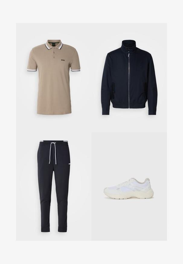 Marineblå jakke med høy krage, glidelås foran, sidelommer og ribbestrikkede mansjetter. Glatt tekstur med en subtil logo detaljer på brystet.; Beige polo skjorte laget av bomullstoff, med en tre-knapps stolpe, svarte og hvite stripete detaljer på ermene, og en liten logo.; Sorte slim-fit joggebukser med hvit snor, elastisk midjebånd med hvite striper, og en liten hvit logo på overlåret.; Hvit idrettssko laget av mesh og skinn, med en teksturert mellomsåle, teksturerte detaljer og "HUGO"-logo på siden.
