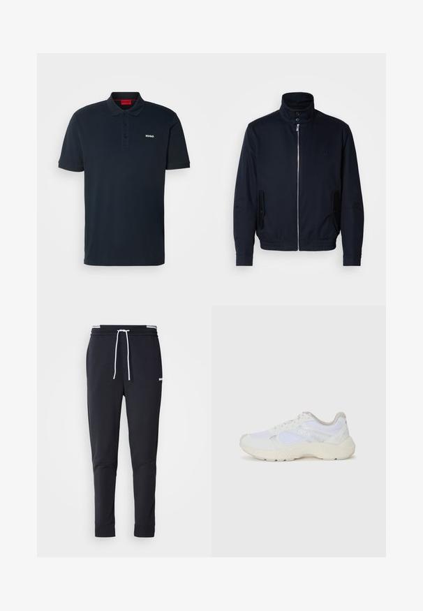Námořnická modrá bunda s vysokým límcem, předním zipem, bočními kapsami a vroubkovanými manžetami. Hladká textura s jemným logem na hrudi.; Námořnická modrá polo košile z bavlny; má trojici knoflíků, krátké rukávy a malé bílé logo na levé straně hrudi.; Černé slim-fit jogger kalhoty s bílým stahovacím proužkem, elastickým pasem s bílými pruhy a malým bílým logem na horní části stehna.; Bílé sportovní boty vyrobené z síťoviny a semiše, s texturovanou mezipodešví, texturovanými akcenty a logem "HUGO" na boku.