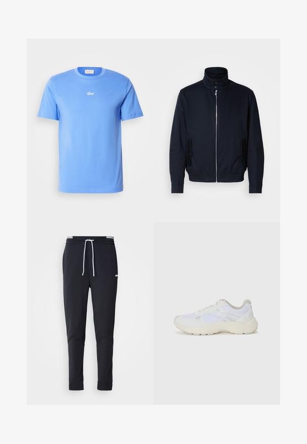 Navy blue jacket with a high collar, front zipper, side pockets, and ribbed cuffs. Smooth texture with a subtle logo detail on the chest.; Blue short-sleeve cotton t-shirt with a crew neckline, featuring a small white "Gant" logo centered on the chest. Soft texture, casual fit.; Black slim-fit jogger pants with white drawstring, elastic waistband with white stripes, and small white logo on the upper thigh.; White athletic shoes made of mesh and suede, featuring a textured midsole, textured accents, and "HUGO" logo on the side.