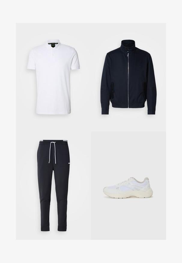 Tengerészkék dzseki magas gallérral, elülső cipzárral, oldalsó zsebekkel és bordázott mandzsettákkal. Sima felület, amelyen diszkrét logórészlet található a mellrészen.; Fehér pamut póló rövid ujjakkal, két gombos gallérral és hímzett logóval a bal mellrészen. Simaság jellemzi.; Fekete, slim-fit rakott nadrág fehér zsinórral, elasztikus derékpánttal, fehér csíkokkal, és kisebb fehér logóval a comb felső részén.; Fehér sportcipők, amelyek hálós és velúr anyagból készültek, texturált középtalppal, texturált részletekkel és a "HUGO" logóval az oldalon.