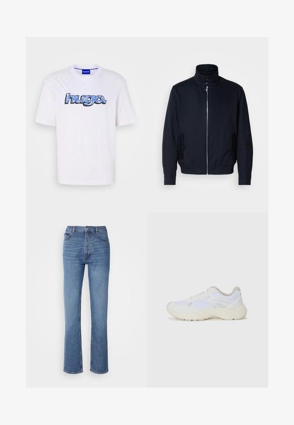 Navy blue jacket with a high collar, front zipper, side pockets, and ribbed cuffs. Smooth texture with a subtle logo detail on the chest.; White cotton t-shirt featuring a large, stylized "hugo" logo in blue and black, with a floral pattern. Crew neck and short sleeves.; Blue denim jeans with a high waist, straight-leg design, and subtle fading. Features classic five-pocket styling and a zip fly closure.; White athletic shoes made of mesh and suede, featuring a textured midsole, textured accents, and "HUGO" logo on the side.