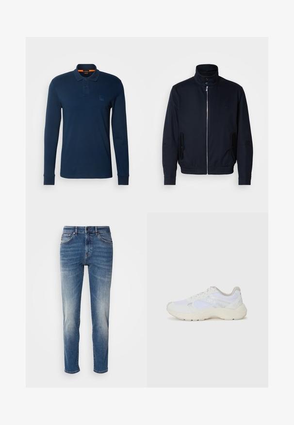 Casaco azul marinho com colarinho alto, fecho éclair frontal, bolsos laterais e punhos canelados. Textura suave com um detalhe logo discreto no peito.; BOSS PASSERBY - Polo - open blue; Jeans de ganga azul com um design de perna reta, desbotamento ligeiro, estilo clássico de cinco bolsos e fecho de zip com botão.; Ténis brancos desportivos feitos de malha e camurça, com uma entressola texturizada, elementos texturizados e o logótipo "HUGO" na lateral.