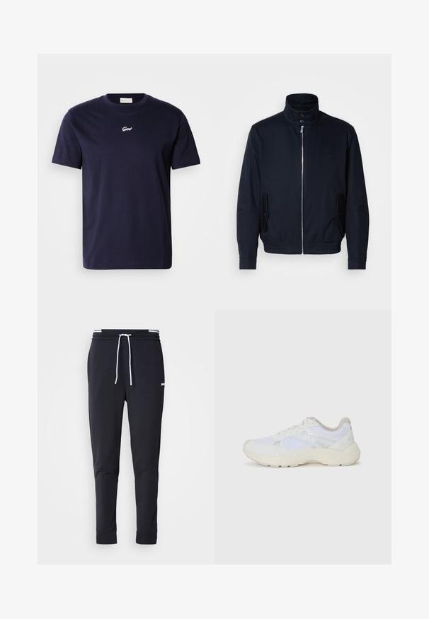 Navy blue jacket with a high collar, front zipper, side pockets, and ribbed cuffs. Smooth texture with a subtle logo detail on the chest.; Navy blue cotton t-shirt with short sleeves and a crew neckline. Features a small white embroidered logo on the chest.; Black slim-fit jogger pants with white drawstring, elastic waistband with white stripes, and small white logo on the upper thigh.; White athletic shoes made of mesh and suede, featuring a textured midsole, textured accents, and "HUGO" logo on the side.