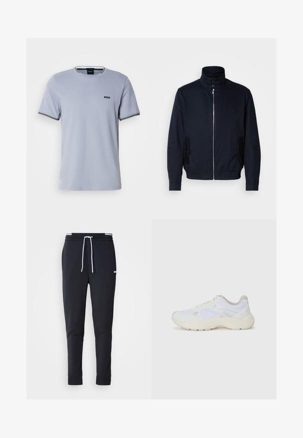Jūras zils žakets ar augstu apkakli, priekšējo rāvējslēdzi, sānu kabatām un ribotajiem piedurknēm. Gluda tekstūra ar nelielu logotipa detaļu uz krūšu.; Gaiši zila kokvilnas T-krekla ar apaļu kakla izgriezumu, īsām piedurknēm un melnbaltiem svītrojumiem gar piedurknēm, ar nelielu izšūtu logotipu.; Melnas pieguļošas jogger bikses ar baltu auklu, elastīgu jostasvietu ar baltām svītrām un mazu baltu logotipu augšstilbā.; Baltas sporta apavi, kas izgatavoti no sieta un zamšāda, ar teksturētu starpzoli, teksturētām akcentēm un "HUGO" logo sānos.