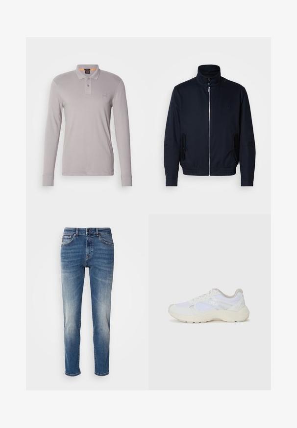 Marineblauwe jas met hoge kraag, voorsluiting met rits, zijzakken en ribgebreide manchetten. Gladde textuur met een subtiele logo-detail op de borst.; Lange mouwen, lichtgrijze polo shirt gemaakt van zachte stof met een drie-knopen sluiting en een vierkant logo patch op de linkerkant van de borst.; Blauwe denim jeans met een recht model, lichte vervaging, klassieke vijf-pocketstijl en een ritssluiting met knoopsluiting.; Witte sportief schoenen van mesh en suede, met een gestructureerde tussenzool, gestructureerde accenten en het "HUGO" logo aan de zijkant.