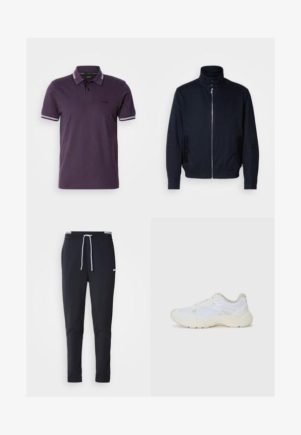 Tamsiai mėlyna striukė su aukšta apykakle, priekine užtrauktuku, šoninėmis kišenėmis ir gipiūriniais rankogaliais. Lygus paviršius su subtiliu logotipu ant krūtinės.; Tamsiai violetinė trumpomis rankovėmis polo marškinėliai su baltomis dvigubomis juostelėmis ant apykaklės ir rankovių, dvi mygtukų priekis ir mažas "BOSS" logotipas ant krūtinės.; Juodi liekni džinsai su balta raišteliu, elastinga juosmens juosta su baltais raštais ir maža balta logotipu viršutiniame šlaunies taške.; Balti sportiniai bateliai, pagaminti iš tinklinės medžiagos ir zomšos, su tekstūruotu viduriu, tekstūruotais akcentais ir „HUGO“ logotipu šone.