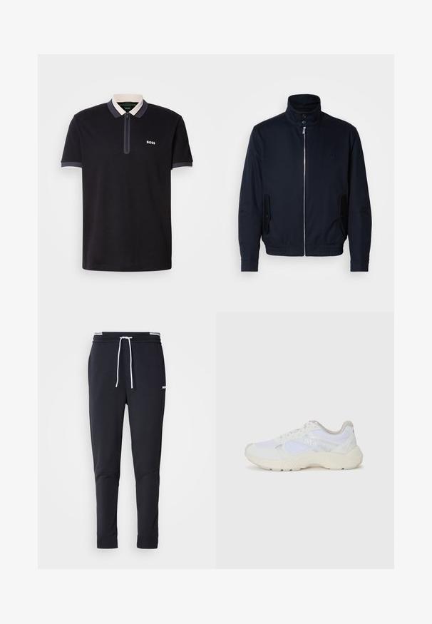 Námořnická modrá bunda s vysokým límcem, předním zipem, bočními kapsami a vroubkovanými manžetami. Hladká textura s jemným logem na hrudi.; Černé polo tričko vyrobené z bavlny s límečkem na zip. Vyznačuje se kontrastním bílým a šedým lemováním límečku. Logo "BOSS" na levé straně.; Černé slim-fit jogger kalhoty s bílým stahovacím proužkem, elastickým pasem s bílými pruhy a malým bílým logem na horní části stehna.; Bílé sportovní boty vyrobené z síťoviny a semiše, s texturovanou mezipodešví, texturovanými akcenty a logem "HUGO" na boku.
