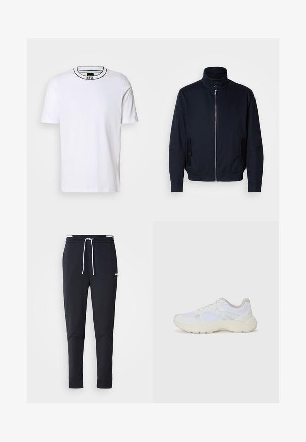 Casaco azul marinho com colarinho alto, fecho éclair frontal, bolsos laterais e punhos canelados. Textura suave com um detalhe logo discreto no peito.; T-shirt branco de manga curta com um decote arredondado em preto e verde com nervuras. Apresenta uma textura sutil, sem padrões, e um design de corte slim.; Calças de jogger ajustadas pretas com cordão branco, cintura elástica com riscas brancas e pequeno logo branco na parte superior da coxa.; Ténis brancos desportivos feitos de malha e camurça, com uma entressola texturizada, elementos texturizados e o logótipo "HUGO" na lateral.