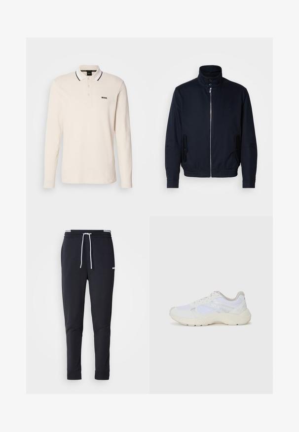 Tumesinine jope, millel on kõrge krae, ees tõmblukk, küljetaskud ja soonikkoes varrukad. Sile tekstuur koos õrnalt logo detailiga rinna piirkonnas.; Kreem värvi pika varrukaga polo särk nööbiväljakuga, must-valge triibuline krae ja must "BOSS" logo vasakul rinnal.; Mustad must-fit spordipüksid valge paelaga, elastse vöökohtaga valgete triipudega ja väikese valge logoga ülemisel reiel.; Valged sportlikud jalanõud, mis on valmistatud võrkkangast ja seemisnahast, sisaldavad tekstureeritud vahetald, tekstureeritud aktsentide ning küljes oleva "HUGO" logo.