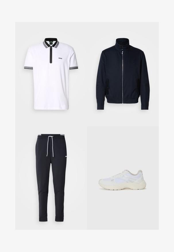 Casaco azul marinho com colarinho alto, fecho éclair frontal, bolsos laterais e punhos canelados. Textura suave com um detalhe logo discreto no peito.; Camisa polo branca com gola e punhos em preto e cinza, fecho de zip, e logótipo bordado "BOSS" no lado esquerdo do peito.; Calças de jogger ajustadas pretas com cordão branco, cintura elástica com riscas brancas e pequeno logo branco na parte superior da coxa.; Ténis brancos desportivos feitos de malha e camurça, com uma entressola texturizada, elementos texturizados e o logótipo "HUGO" na lateral.