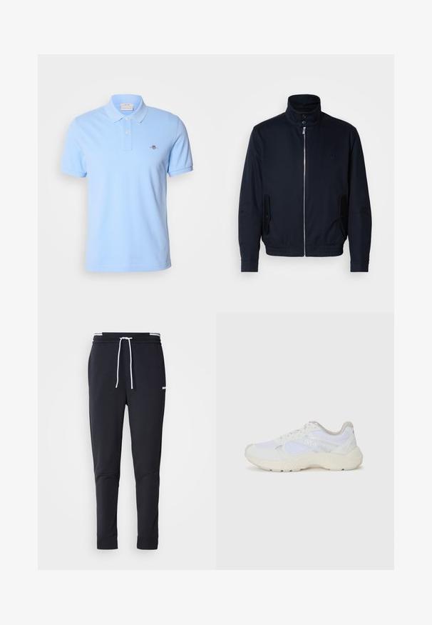 Casaco azul marinho com colarinho alto, fecho éclair frontal, bolsos laterais e punhos canelados. Textura suave com um detalhe logo discreto no peito.; Polo de manga curta azul-claro feito de algodão, com uma pala de dois botões e um pequeno logótipo bordado no lado esquerdo do peito.; Calças de jogger ajustadas pretas com cordão branco, cintura elástica com riscas brancas e pequeno logo branco na parte superior da coxa.; Ténis brancos desportivos feitos de malha e camurça, com uma entressola texturizada, elementos texturizados e o logótipo "HUGO" na lateral.