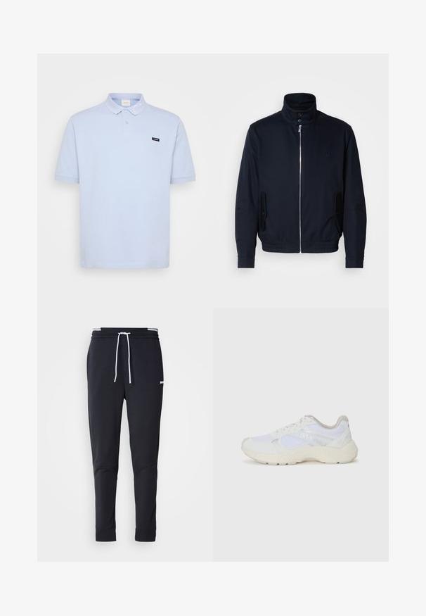 Marinblå jacka med hög krage, frontdragkedja, sidofickor och ribbade ärmar. Slät textur med en diskret logodetalj på bröstet.; Ljusblå polo skjorta i bomull. Har en klassisk krage, två knappar, korta ärmar och en liten svart logotyp på vänster bröst.; Svarta slim-fit joggerbyxor med vit dragsko, elastisk midja med vita ränder och en liten vit logotyp på övre låret.; Vitaidrottsskor i mesh och mocka med en strukturerad mellansula, texturerade accenter och "HUGO"-logotypen på sidan.