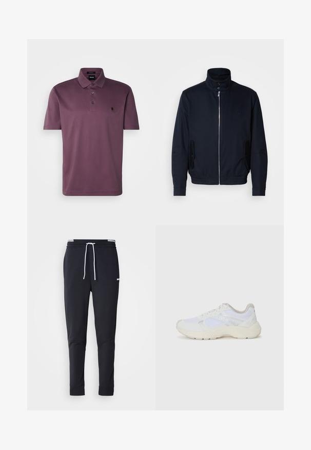 Marineblå jakke med høy krage, glidelås foran, sidelommer og ribbestrikkede mansjetter. Glatt tekstur med en subtil logo detaljer på brystet.; Lilla polo skjorte med en brettet krage, tre svarte knapper og et sirkulært logodesign på venstre bryst. Korte ermer og glatt stoff.; Sorte slim-fit joggebukser med hvit snor, elastisk midjebånd med hvite striper, og en liten hvit logo på overlåret.; Hvit idrettssko laget av mesh og skinn, med en teksturert mellomsåle, teksturerte detaljer og "HUGO"-logo på siden.