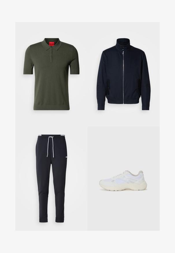 Tumesinine jope, millel on kõrge krae, ees tõmblukk, küljetaskud ja soonikkoes varrukad. Sile tekstuur koos õrnalt logo detailiga rinna piirkonnas.; Oliivroheline lühikeste varrukatega polo-särk, mis on valmistatud kudumiskangast. Omab pehmet kraed, kolme nupukinnitust ja punast logo sildit kaelas.; Mustad must-fit spordipüksid valge paelaga, elastse vöökohtaga valgete triipudega ja väikese valge logoga ülemisel reiel.; Valged sportlikud jalanõud, mis on valmistatud võrkkangast ja seemisnahast, sisaldavad tekstureeritud vahetald, tekstureeritud aktsentide ning küljes oleva "HUGO" logo.