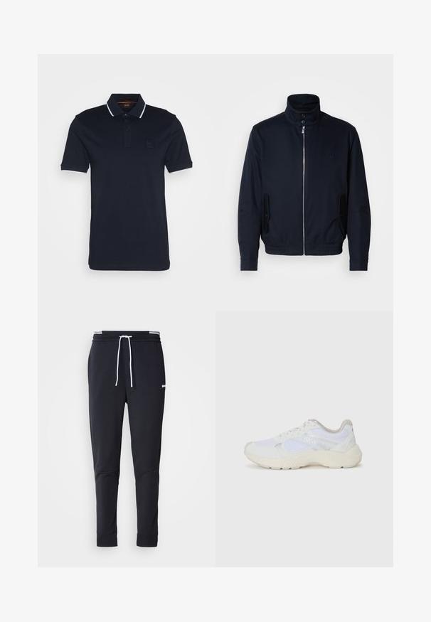 Námořnická modrá bunda s vysokým límcem, předním zipem, bočními kapsami a vroubkovanými manžetami. Hladká textura s jemným logem na hrudi.; Námořnická polo košile s klasickým límcem, zapínáním na dva knoflíky, bílými akcenty na rukávech a texturovanou nášivkou loga na levém prsu.; Černé slim-fit jogger kalhoty s bílým stahovacím proužkem, elastickým pasem s bílými pruhy a malým bílým logem na horní části stehna.; Bílé sportovní boty vyrobené z síťoviny a semiše, s texturovanou mezipodešví, texturovanými akcenty a logem "HUGO" na boku.