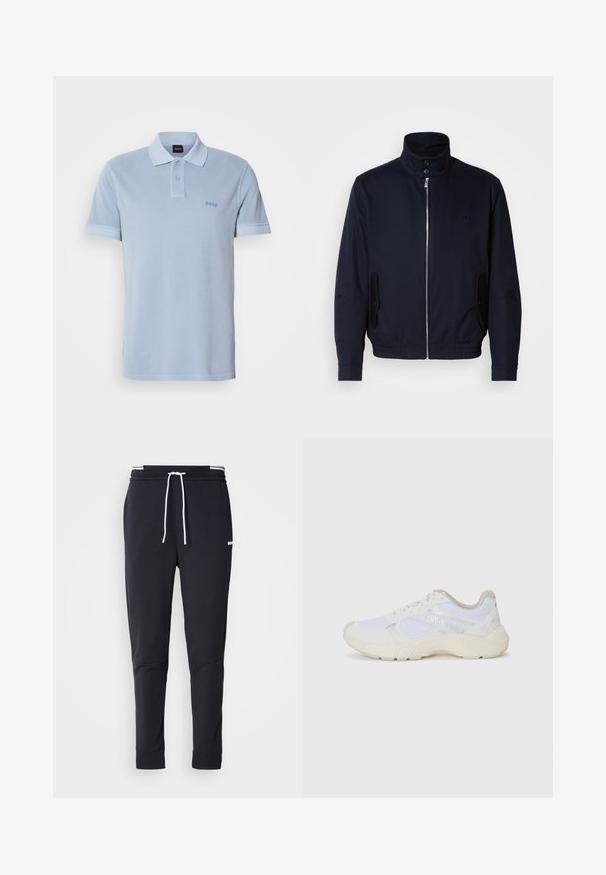 Casaco azul marinho com colarinho alto, fecho éclair frontal, bolsos laterais e punhos canelados. Textura suave com um detalhe logo discreto no peito.; Polo azul claro em algodão, com colarinho clássico, malha de três botões e pequeno logótipo "BOSS" no lado esquerdo do peito.; Calças de jogger ajustadas pretas com cordão branco, cintura elástica com riscas brancas e pequeno logo branco na parte superior da coxa.; Ténis brancos desportivos feitos de malha e camurça, com uma entressola texturizada, elementos texturizados e o logótipo "HUGO" na lateral.