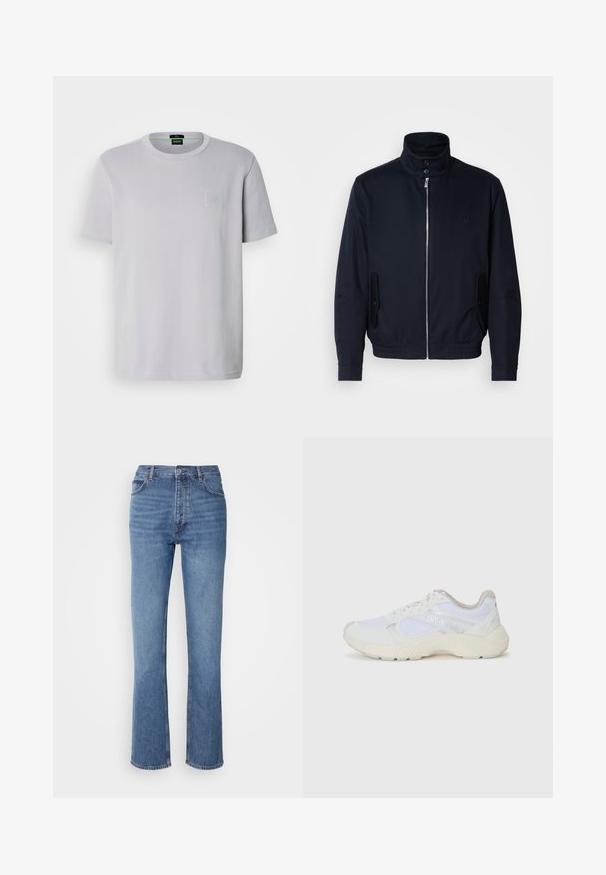 Námořnická modrá bunda s vysokým límcem, předním zipem, bočními kapsami a vroubkovanými manžetami. Hladká textura s jemným logem na hrudi.; Svetle šedé tričko s krátkým rukávem vyrobené z bavlny, s jemně texturovaným designem a malou tonální nášivkou loga na hrudi.; Modré denimové džíny s vysokým pasem, rovnými nohavicemi a jemným vyblednutím. Mají klasický pětikusový styl a zapínání na zip.; Bílé sportovní boty vyrobené z síťoviny a semiše, s texturovanou mezipodešví, texturovanými akcenty a logem "HUGO" na boku.