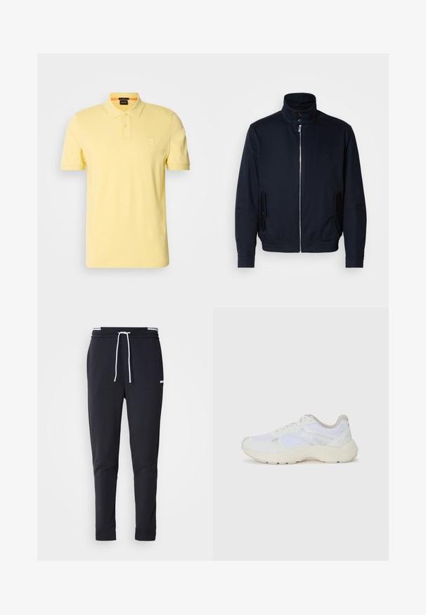 Námořnická modrá bunda s vysokým límcem, předním zipem, bočními kapsami a vroubkovanými manžetami. Hladká textura s jemným logem na hrudi.; Žluté polo tričko vyrobené z bavlněné směsi, s tříknoflíkovým zapínáním a malou nášivkou loga na levé hrudi. Krátké rukávy.; Černé slim-fit jogger kalhoty s bílým stahovacím proužkem, elastickým pasem s bílými pruhy a malým bílým logem na horní části stehna.; Bílé sportovní boty vyrobené z síťoviny a semiše, s texturovanou mezipodešví, texturovanými akcenty a logem "HUGO" na boku.