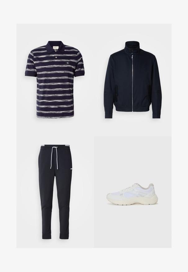 Námořnická modrá bunda s vysokým límcem, předním zipem, bočními kapsami a vroubkovanými manžetami. Hladká textura s jemným logem na hrudi.; Polokošile s krátkým rukávem v námořnické modři s bílými vodorovnými pruhy, s dvouknoflíkovou légu a vyšitým logem na hrudi. Bavlněný materiál.; Černé slim-fit jogger kalhoty s bílým stahovacím proužkem, elastickým pasem s bílými pruhy a malým bílým logem na horní části stehna.; Bílé sportovní boty vyrobené z síťoviny a semiše, s texturovanou mezipodešví, texturovanými akcenty a logem "HUGO" na boku.