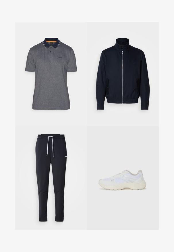 Mornarsko moder plašč z visokim ovratnikom, sprednjim zadrge, stranskimi žepi in rebrastimi manšetami. Gladka tekstura s subtilno detajlom logotipa na prsih.; Temno siva polo majica z mornarsko modrim ovratnikom in belimi detajli, s trojnim gumbom in vezenim logotipom na levem prsnem delu.; Črne slim-fit jogger hlače z belo vrvico, elastičnim pasom z belimi črtami in majhnim belim logotipom na zgornjem stegnu.; Bela športna obuvala iz mrežastega in semiš materiala, z teksturiranim podplatom, teksturiranimi dodatki in logotipom "HUGO" na strani.