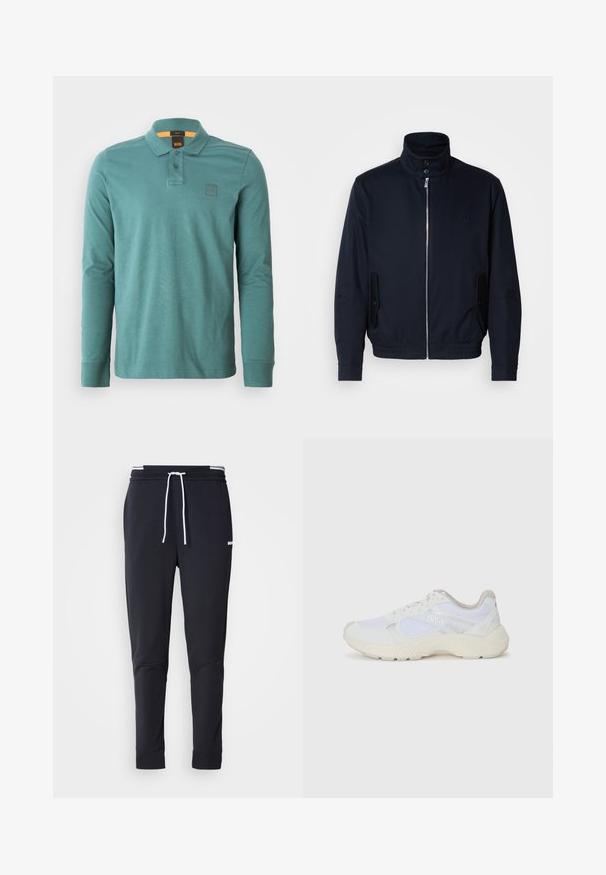 Jūras zils žakets ar augstu apkakli, priekšējo rāvējslēdzi, sānu kabatām un ribotajiem piedurknēm. Gluda tekstūra ar nelielu logotipa detaļu uz krūšu.; Garais piedurkņu polo krekls tīrkīza kokvilnā. Iemesls ir apkakle, divas pogas un neliels logotipa uzlīme uz kreisā krūts.; Melnas pieguļošas jogger bikses ar baltu auklu, elastīgu jostasvietu ar baltām svītrām un mazu baltu logotipu augšstilbā.; Baltas sporta apavi, kas izgatavoti no sieta un zamšāda, ar teksturētu starpzoli, teksturētām akcentēm un "HUGO" logo sānos.