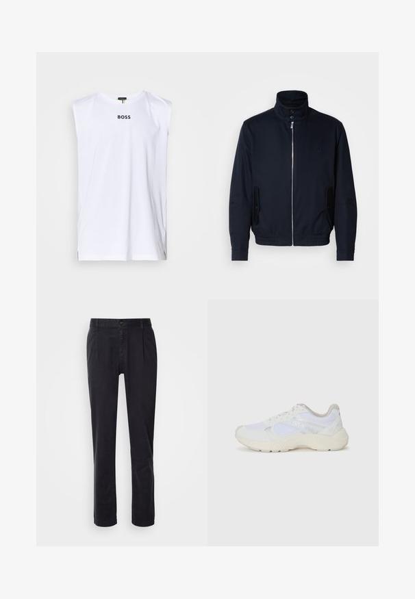 Námořnická modrá bunda s vysokým límcem, předním zipem, bočními kapsami a žebrovanými manžetami. Hladká textura s jemným logem na hrudi.; BOSS TANK - Top - white; Čierne upravené nohavice vyrobené z hladkej tkaniny. Obsahujú predný zips, dve bočné vrecká a rovné nohavice. Minimalistický dizajn bez vzorov.; Biele atletické topánky vyrobené z materiálov sieťoviny a semišu, s textúrovanou strednou podošvou, textúrovanými akcentmi a logom "HUGO" na boku.