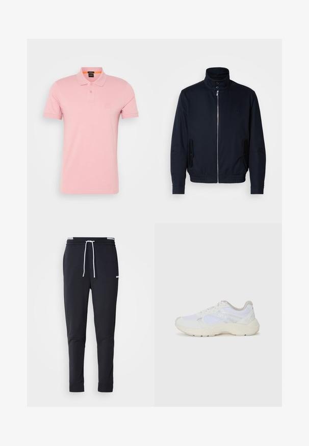 Tengerészkék dzseki magas gallérral, elülső cipzárral, oldalsó zsebekkel és bordázott mandzsettákkal. Sima felület, amelyen diszkrét logórészlet található a mellrészen.; Rózsaszín pamut póló, hajtható gallérral, két gombos gombolással és diszkrét logóval a mellrészen. Rövid ujjak.; Fekete, slim-fit rakott nadrág fehér zsinórral, elasztikus derékpánttal, fehér csíkokkal, és kisebb fehér logóval a comb felső részén.; Fehér sportcipők, amelyek hálós és velúr anyagból készültek, texturált középtalppal, texturált részletekkel és a "HUGO" logóval az oldalon.