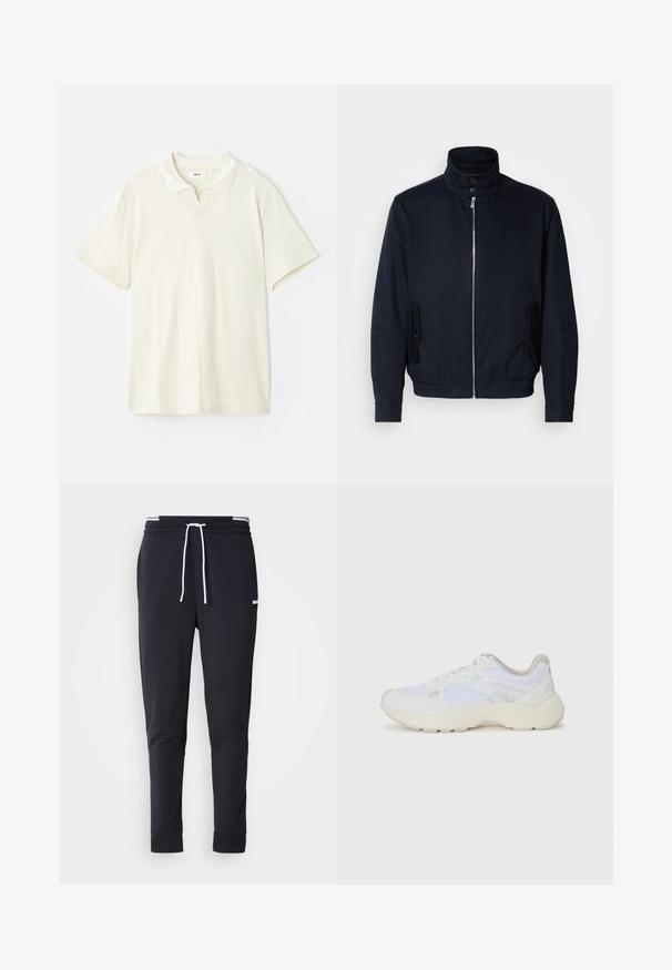 Marineblaue Jacke mit hohem Kragen, Vorderreißverschluss, seitlichen Taschen und gerippten Bündchen. Glatte Textur mit einem dezenten Logodetail auf der Brust.; Cremefarbenes Poloshirt mit klassischem Kragen, kurzen Ärmeln und leichtem V-Ausschnitt am Hals. Glatte Textur und minimales Design.; Schwarze Slim-Fit-Jogginghose mit weißem Kordelzug, elastischem Bund mit weißen Streifen und kleinem weißen Logo am oberen Oberschenkel.; Weiße Sportschuhe aus Mesh und Wildleder, mit einer strukturierten Zwischensohle, strukturierten Akzenten und dem "HUGO"-Logo an der Seite.