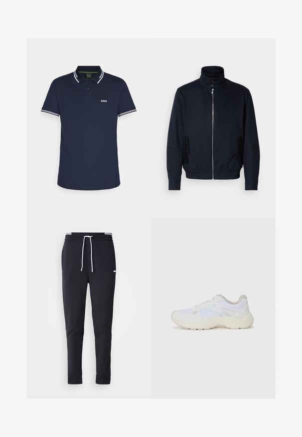 Tamsiai mėlyna striukė su aukšta apykakle, priekine užtrauktuku, šoninėmis kišenėmis ir gipiūriniais rankogaliais. Lygus paviršius su subtiliu logotipu ant krūtinės.; Tamsiai mėlyna polo marškinėliai, pagaminti iš medvilnės, su klasikinio tipo apykakle, dviem mygtukais ir baltais dryžuotais akcentais ant apykaklės ir rankovių.; Juodi liekni džinsai su balta raišteliu, elastinga juosmens juosta su baltais raštais ir maža balta logotipu viršutiniame šlaunies taške.; Balti sportiniai bateliai, pagaminti iš tinklinės medžiagos ir zomšos, su tekstūruotu viduriu, tekstūruotais akcentais ir „HUGO“ logotipu šone.