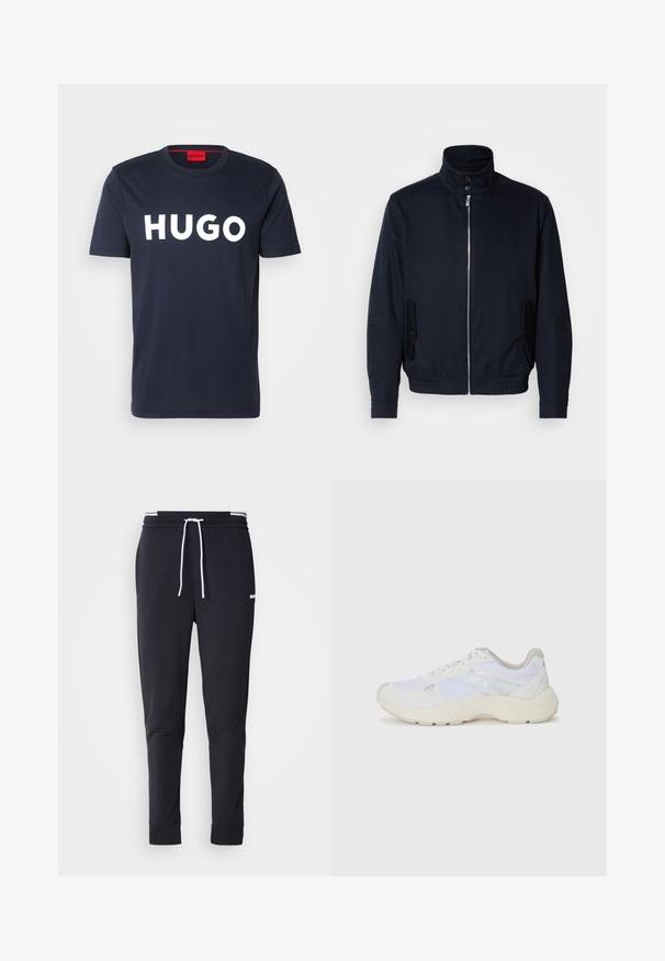 Marinblå jacka med hög krage, frontdragkedja, sidofickor och ribbade ärmar. Slät textur med en diskret logodetalj på bröstet.; Navyblå bomulls t-shirt med en stor vit "HUGO" logotyp på framsidan, rund halsringning och korta ärmar. Röd inneretikettdetalj.; Svarta slim-fit joggerbyxor med vit dragsko, elastisk midja med vita ränder och en liten vit logotyp på övre låret.; Vitaidrottsskor i mesh och mocka med en strukturerad mellansula, texturerade accenter och "HUGO"-logotypen på sidan.