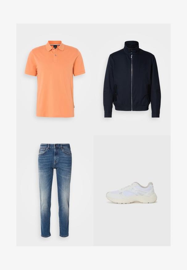 Navy blue jacket with a high collar, front zipper, side pockets, and ribbed cuffs. Smooth texture with a subtle logo detail on the chest.; Orange polo shirt made of smooth cotton with a classic collar, two-button placket, and short sleeves. Brand logo embroidered on chest.; Blue denim jeans featuring a straight leg design, light fading, classic five-pocket styling, and a zip fly with button closure.; White athletic shoes made of mesh and suede, featuring a textured midsole, textured accents, and "HUGO" logo on the side.