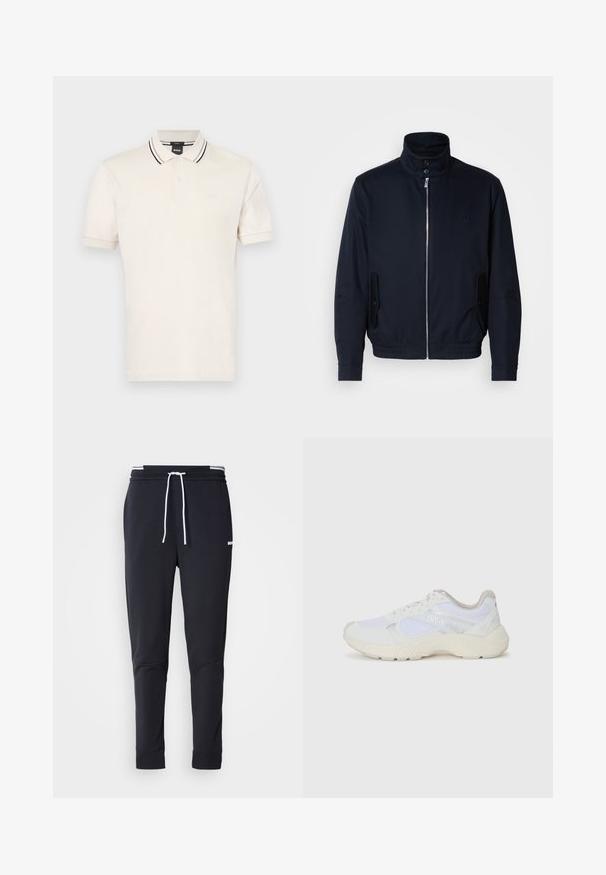 Námořnická modrá bunda s vysokým límcem, předním zipem, bočními kapsami a žebrovanými manžetami. Hladká textura s jemným logem na hrudi.; Polo tričko svetlo béžovej farby z bavlny s dvojitou gombíkovou légou, rebrovaným golierom s čierno-bielymi pruhmi a diskrétnym logom na hrudi.; Čierne slim-fit jogger nohavice s bielym šnurovaním, elastickým pásom s bielymi pruhmi a malým bielym logom na hornej stehne.; Biele atletické topánky vyrobené z materiálov sieťoviny a semišu, s textúrovanou strednou podošvou, textúrovanými akcentmi a logom "HUGO" na boku.