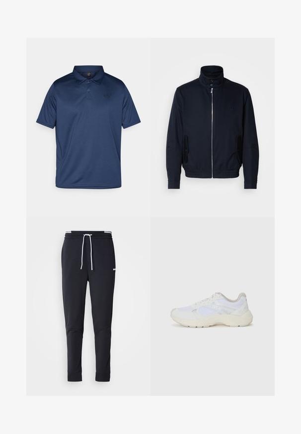 Tengerészkék dzseki magas gallérral, elülső cipzárral, oldalsó zsebekkel és bordázott mandzsettákkal. Sima felület, amelyen diszkrét logórészlet található a mellrészen.; Sötétkék pólóing sima, légáteresztő anyagból. Klasszikus gallérral, három gombbal és kicsi logóval rendelkezik a bal mellemén.; Fekete, slim-fit rakott nadrág fehér zsinórral, elasztikus derékpánttal, fehér csíkokkal, és kisebb fehér logóval a comb felső részén.; Fehér sportcipők, amelyek hálós és velúr anyagból készültek, texturált középtalppal, texturált részletekkel és a "HUGO" logóval az oldalon.