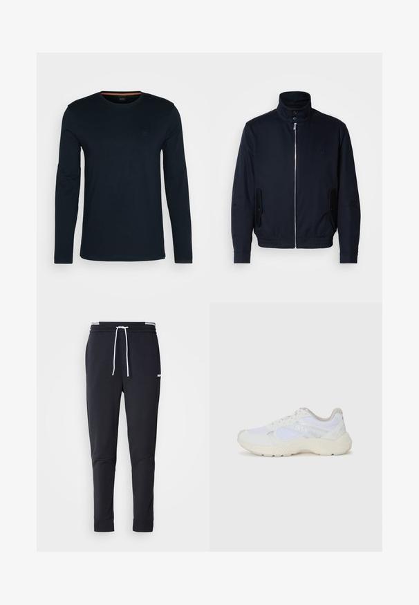 Tengerészkék dzseki magas gallérral, elülső cipzárral, oldalsó zsebekkel és bordázott mandzsettákkal. Sima felület, amelyen diszkrét logórészlet található a mellrészen.; Hosszú ujjú, sötétkék pamut póló, kerek nyakkivágással és egy kis logóval a mellkason. Simaság jellemzi, és testhezálló fazonú.; Fekete, slim-fit rakott nadrág fehér zsinórral, elasztikus derékpánttal, fehér csíkokkal, és kisebb fehér logóval a comb felső részén.; Fehér sportcipők, amelyek hálós és velúr anyagból készültek, texturált középtalppal, texturált részletekkel és a "HUGO" logóval az oldalon.