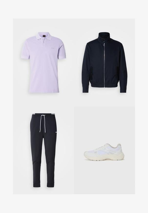 Tamno plava jakna s visokim ovratnikom, prednjim patentnim zatvaračem, bočnim džepovima i rebrastim manžetama. Glatka tekstura s suptilnim logotipom na prsima.; Polo majica u svijetloj lavandi, kratki rukavi, napravljena od pamuka, s tri gumba, diskretnim logotipom na prsima, glatke teksture.; Crni uski jogger hlače s bijelim vezicom, elastičnim pojasom s bijelim prugama i malim bijelim logotipom na gornjem bedrima.; Bijele atletske tenisice napravljene od mrežastog materijala i kože antilop, s teksturiranom srednjom potplatom, teksturiranim detaljima i "HUGO" logotipom sa strane.