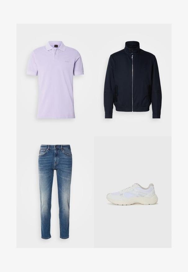 Tamsiai mėlyna striukė su aukšta apykakle, priekine užtrauktuku, šoninėmis kišenėmis ir gipiūriniais rankogaliais. Lygus paviršius su subtiliu logotipu ant krūtinės.; Lengvas levandų spalvos polo marškinėliai, trumpomis rankovėmis, pagaminti iš medvilnės, turi tris mygtukus, subtilus logotipas ant krūtinės, glotni tekstūra.; Mėlyni džinsai su tiesiu kirpimu, šviesiu nusidėvėjimu, klasikinė penkių kišenių stiliumi ir užtrauktuku su sagute.; Balti sportiniai bateliai, pagaminti iš tinklinės medžiagos ir zomšos, su tekstūruotu viduriu, tekstūruotais akcentais ir „HUGO“ logotipu šone.