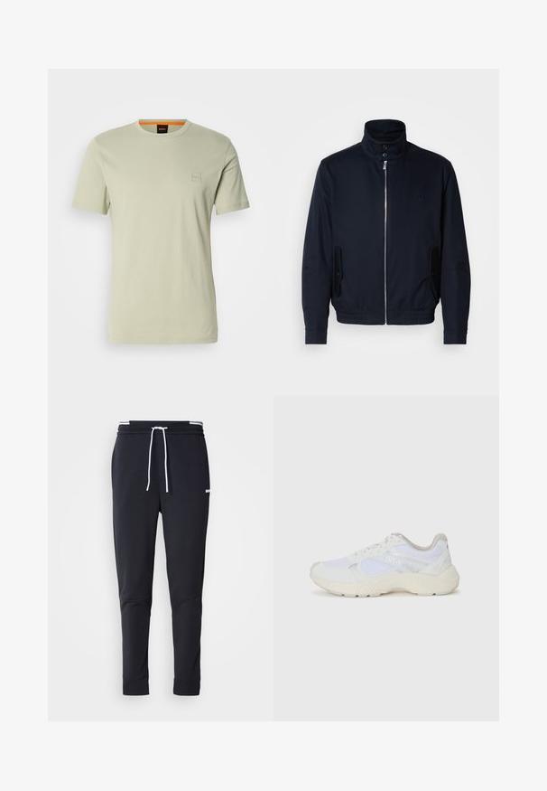 Jachetă bleumarin cu guler înalt, fermoar frontal, buzunare laterale și mansete cu nervuri. Textură netedă cu un detaliu subtil al logo-ului pe piept.; T-shirt scurt cu mânecă scurtă, de culoare verde deschis, fabricat din bumbac. Are un mic logo pătrat pe piept și un accent portocaliu la guler.; Pantaloni jogger slim-fit negri cu șnur alb, talie elastică cu dungi albe și un mic logo alb pe coapsa superioară.; Adidași albi, din plasă și piele întoarsă, cu o talpă intermediară texturată, accente texturate și logo-ul "HUGO" pe lateral.