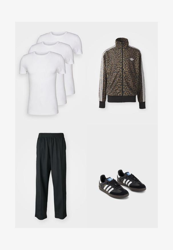 Brun og sort leopardprint zip-up jakke med hvide tre-stribede detaljer på ærmerne og en sort ribkant. Klassisk Adidas-logo.; Tre hvide bomulds t-shirts med korte ærmer og rund halsudskæring, glat tekstur og ingen mønstre eller grafik.; Sorte træningsbukser med elastisk talje, lavet af glat stof, med diskrete sidesyninger og en afslappet pasform, lige ben design.; Sorte sneakers med en overdel i ruskind og syntetisk materiale, med tre hvide striber, struktureret gummisål og en blå logoetiket på tungen.