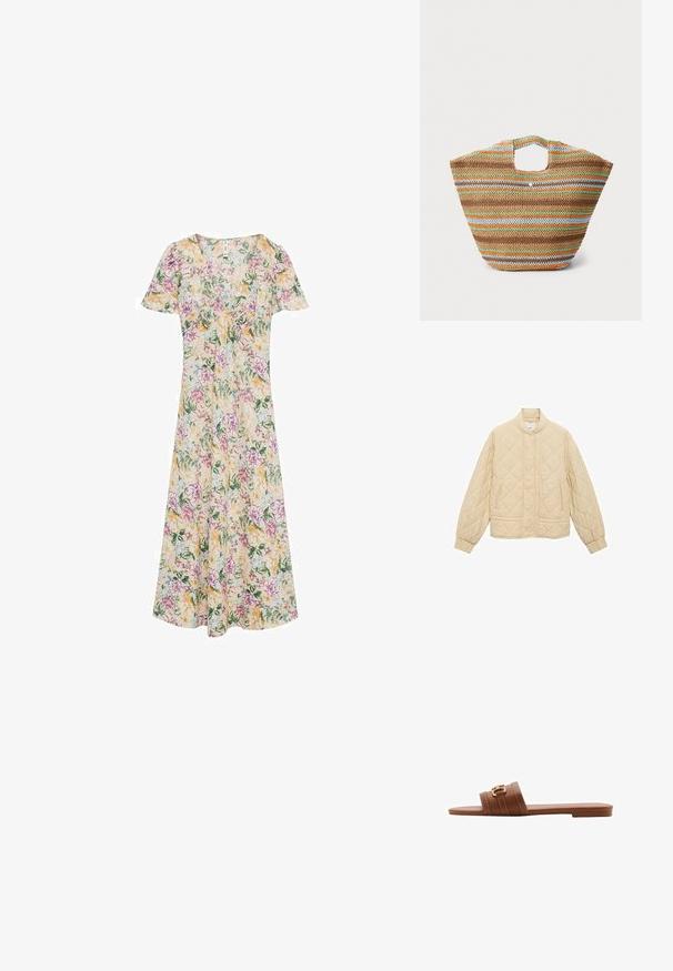 Gepolsterte Jacke in hellem Beige mit Stehkragen, elastischen Bündchen und zwei Fronttaschen. Mit Rautenmuster über den gesamten Stoff.; Blumenkleid mit kurzen Ärmeln, V-Ausschnitt und fließender Silhouette. Gelbe, rosa und grüne Blumenmuster auf cremefarbenem Stoff.; Braune Leder-Sandale mit zwei breiten Riemen, dekorativen Nähten und einem Akzent in Goldfarbe. Flache Sohle.; Gewebte Strohtasche mit mehrfarbigen Streifen in Braun, Grün, Orange und Blau. Verfügt über eine flache Form und zwei Handöffnungen. Leichtes Design.