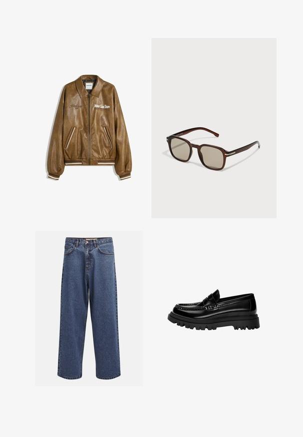 Barna bőrbombázó dzseki textúrált felülettel, bordás mandzsettával és aljjal. Az "Motor Class Team" grafika és csíkos díszítések találhatóak a zsebeken.; Világosszürke kötött pulóver bordázott textúrával, kerek nyakkivágással és hosszú ujjakkal. Egyszerű dizájn, rugalmas szegélyek, minimális részletezés.; Szelídített kék farmernadrág széles szárral, lezser fazonnal, gombos záródással, öt zsebbel és eltérő színű varrással a varratok mentén.; Fekete fényes bőr loaferek, texturált csíkkal, masszív fekete gumitalppal, mély barázdákkal és klasszikus mokaszin formával.; Barna téglalap alakú napszemüveg, árnyékolt lencsékkel, műanyag kerettel és fém díszítésekkel az oldalakon. Elegáns kivitel és sima tapintás jellemzi.