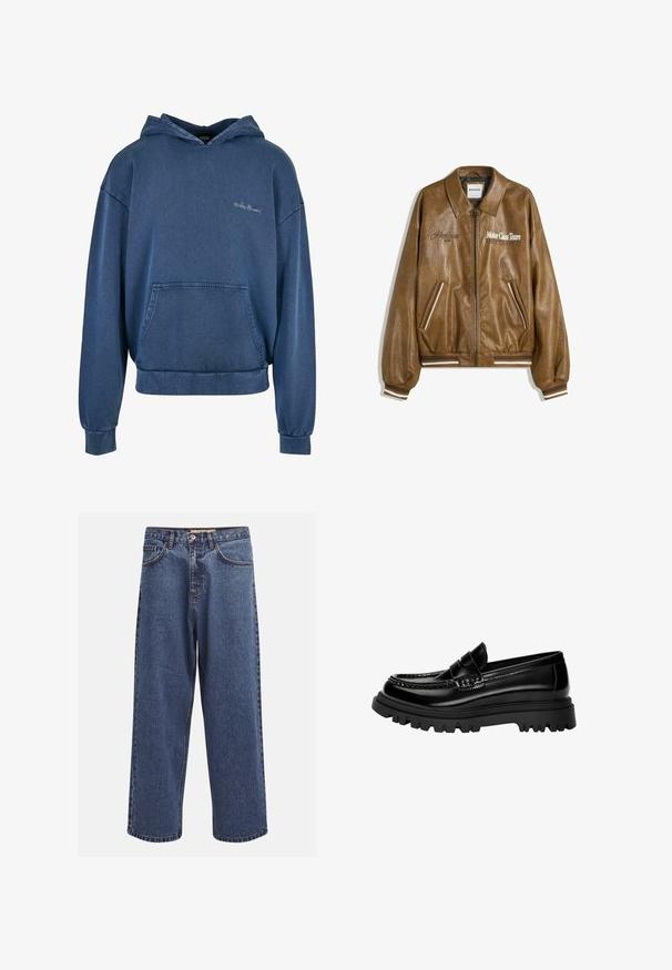 Giubbotto bomber in pelle marrone con finitura testurizzata, polsini e orlo a coste. Presenta grafiche "Motor Class Team" e accenti a righe sulle tasche.; Felpa blu in denim con tasca frontale, cappuccio regolabile e polsini a costine. Presenta una semplice ricamo sul petto. Design classico a pullover.; Jeans in denim blu a gamba larga con finitura sbiadita, dotati di chiusura a bottoni, cinque tasche e cuciture in contrasto lungo le cuciture.; Mocassini in pelle nera lucida con una fascia testurizzata, dotati di una robusta suola in gomma nera con scanalature profonde e un design classico.