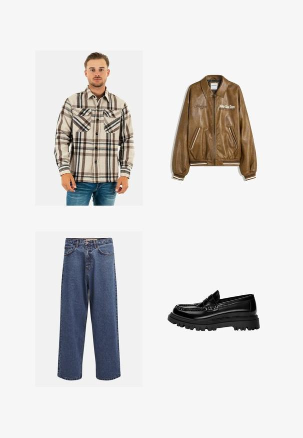Brązowa skórzana kurtka bombowiec z teksturowanym wykończeniem, ściągaczami na mankietach i dolnym brzegu. Posiada grafikę "Motor Class Team" oraz paski na kieszeniach.; Schott - Koszula; Szerokie niebieskie dżinsy z efektem sprania, z zipem na guziki, pięcioma kieszeniami i kontrastowymi szwami.; Czarne, błyszczące skórzane mokasyny z teksturowanym paskiem, z masywną czarną gumową podeszwą z głębokim bieżnikiem i klasycznym designem mokasynów.