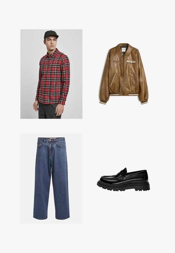 Bruine leren bomberjack met een gestructureerde afwerking, geribbelde manchetten en zoom. Voorzien van graphics "Motor Class Team" en gestreepte accenten op de zakken.; Rode en zwarte geruite langslijfshirt met knoopsluiting aan de voorkant, kraag en één borstzak. Glad materiaal met een vlakke textuur.; Brede blauwe denim jeans met een vervaagde afwerking, voorzien van een knoopsluiting, vijf zakken en contrasterende stiksels langs de naden.; Zwarte glanzende leren instappers met een gestreepte band, uitgerust met een stevige zwarte rubberen zool met diepe profiel en een klassiek moccasinstijl.