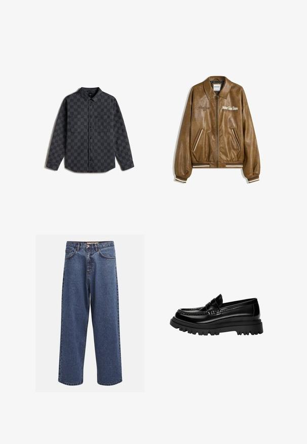 Hnědá kožená pilotní bunda s texturovaným povrchem, žebrovanými manžetami a spodním lemem. Obsahuje grafiku "Motor Class Team" a proužkové akcenty na kapsách.; Šedá kostkovaná košile s dlouhým rukávem z denimu, s límečkem na knoflíky, dvěma náprsními kapsami a rovný lem.; Modré denimové džíny se širokými nohavicemi a bledým povrchem, s knoflíkovým zapínáním, pěti kapsami a kontrastním šitím podél švů.; Černé lesklé kožené polobotky s texturovaným páskem, které mají robustní černou gumovou podrážku s výrazným vzorem a klasický mokasínový design.