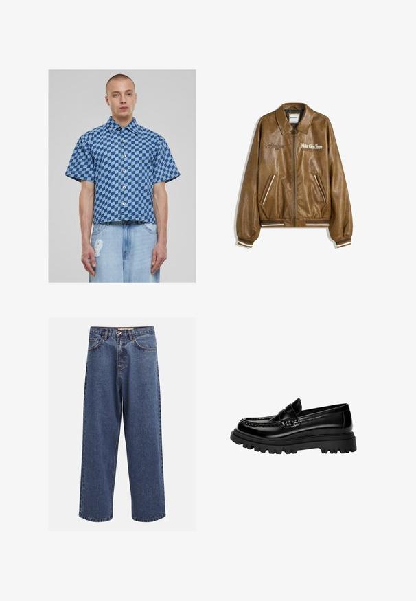 Brun læderbomberjakke med en tekstureret finish, ribbede manchetter og kant. Har grafik med "Motor Class Team" og stribede detaljer på lommer.; Kortærmet skjorte i blåt ternet mønster, denim materiale, med knaplukning foran og en cropped, boxy fit. Slidte jeans nedenfor.; Bredde denim jeans i blå farve med en falmet finish, der har en knaplukning, fem lommer og kontrastsygning langs sømmene.; Sorte, glossy læder loafers med en tekstureret rem, der har en kraftig sort gummisål med dybe riller og et klassisk mokasindesign.