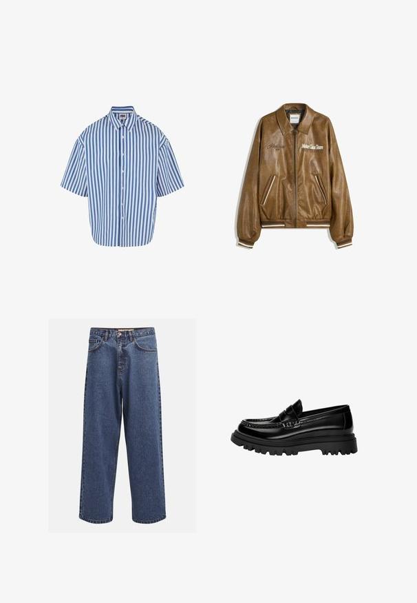 Hnědá kožená pilotní bunda s texturovaným povrchem, žebrovanými manžetami a spodním lemem. Obsahuje grafiku "Motor Class Team" a proužkové akcenty na kapsách.; Košile s krátkým rukávem, zdobena modro-bílými vertikálními pruhy, klasickým límečkem a volným střihem se rovním lemem.; Modré denimové džíny se širokými nohavicemi a bledým povrchem, s knoflíkovým zapínáním, pěti kapsami a kontrastním šitím podél švů.; Černé lesklé kožené polobotky s texturovaným páskem, které mají robustní černou gumovou podrážku s výrazným vzorem a klasický mokasínový design.