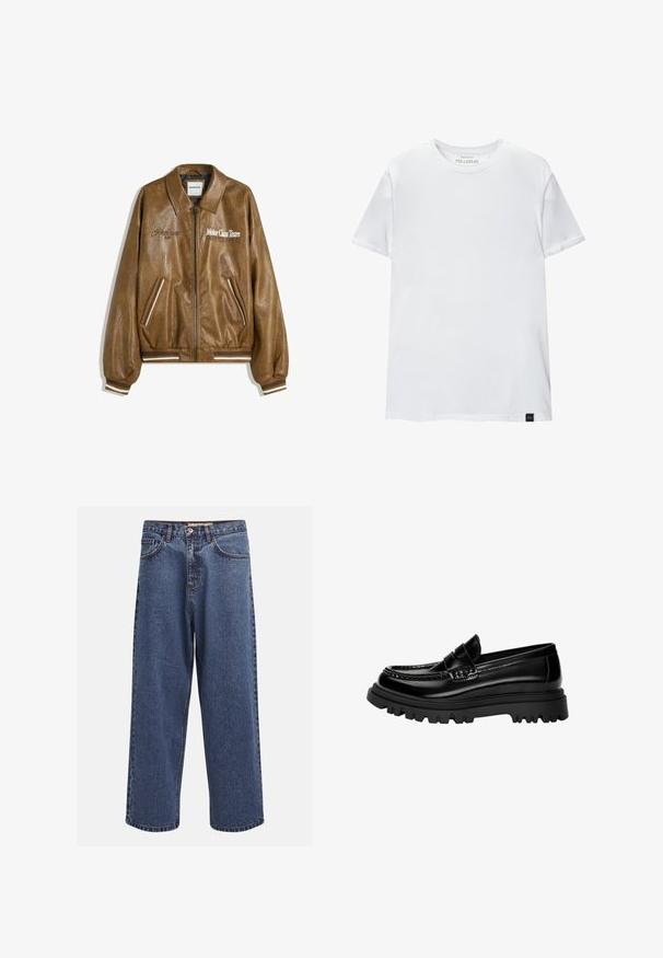 Braune Lederbomberjacke mit strukturiertem Finish, gerippten Bündchen und Saum. Mit Grafiken "Motor Class Team" und gestreiften Akzenten an den Taschen.; Weißes Muskel-fitt T-Shirt aus Baumwolle. Rundhals, kurze Ärmel, glatte Textur. Kleines schwarzes Logo-Tag am Saum. Schlichtes Design.; Weite blaue Denim-Jeans mit einem verblassten Finish, ausgestattet mit einem Knopfverschluss, fünf Taschen und kontrastierenden Nähten entlang der Säume.; Schwarze glänzende Lederloafers mit einem strukturierten Riemen, ausgestattet mit einer klobigen schwarzen Gummisohle mit tiefen Profilen und einem klassischen Mokassindesign.
